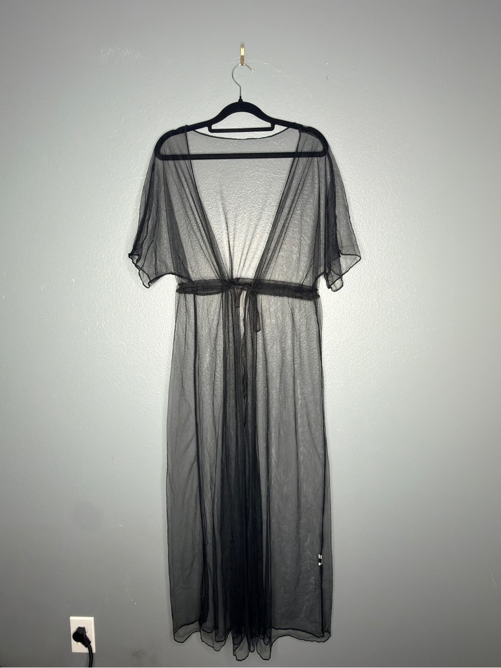 Sheer Black Mesh Long Robe with Tie Waist S/M Whimsy Goth Grunge